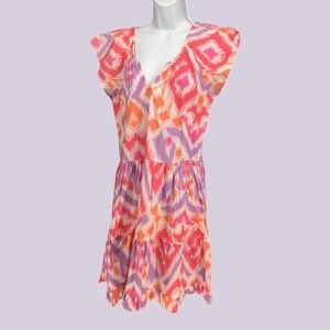 Maude Vivante Medium Boho Ruffle Dress Ikat Tiered Orange Purple Coral Women